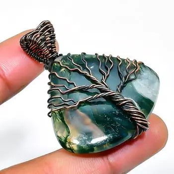 Ювелирный кулон ручной работы из медной проволоки с индийским агатом и мохом, 1,77 дюйма 1.77 зелёный