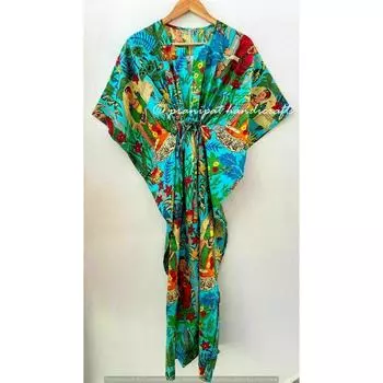 Индийское бирюзовое длинное хлопковое платье макси с принтом Фриды Кало, женское ночное платье-кафтан CKFTN-SCRN-FULL-BUYIT-043