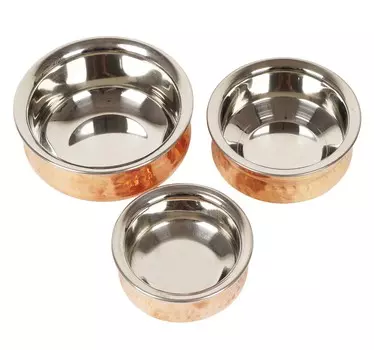 Индийская аутентичная столовая посуда Trifri из меди с набором ручной работы из нержавеющей стали из 3 чеканных дизайнерских сервировочных чаш из нержавеющей стали, медь 2.1” x 5” inches серебряный