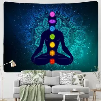 Индийская статуя Будды, медитация, 7 чакр, гобелен, настенный гобелен с мандалой, настенная ткань, психоделический ковер для йоги, декор в стиле бохо 95x70CM