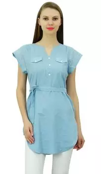 Индийская туника Bimba, хлопковый топ, повседневная летняя блузка с короткими рукавами 10 синий