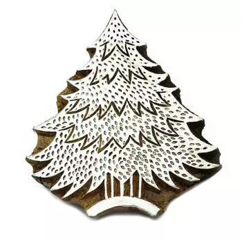 Индийские деревянные марки Рождественская елка Штамп ручной работы Печатный блок Текстиль 5 L X 4 W Inches коричневый