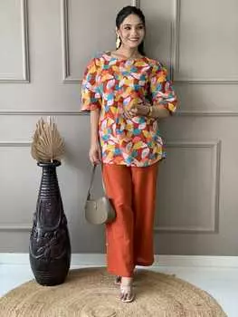 Индийские женщины чистый хлопок курти шнур комплект праздничная одежда дизайнерский топ туника курта брюки комплект платье M оранжевый