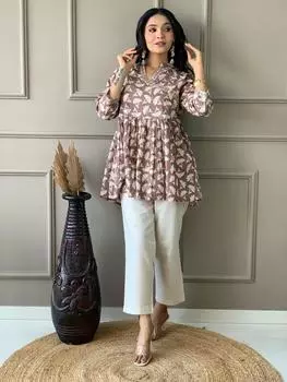 Индийские женщины топ туника курта брюки шнур комплект Болливуд дизайнерская одежда для вечеринок курти платье M коричневый