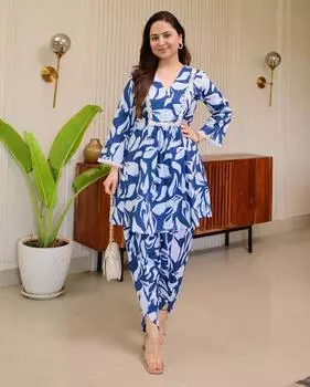 Индийские женщины топ туника курта брюки шнур комплект болливудская праздничная одежда дизайнерское курти платье M синий
