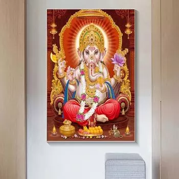 Индийский бог-слон рисует золотой плакат храма Ганеши на современном холсте 21cm30cm NoFrame