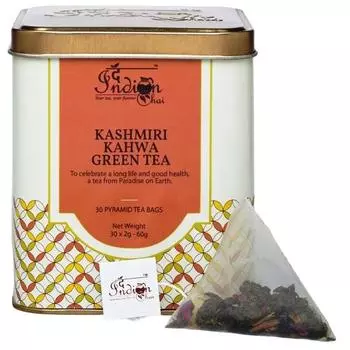 Индийский чай - Кашмирский зеленый чай Kahwa 30 пакетиков-пирамидок, цельнолистовой зеленый чай с миндалем, кардамоном, гвоздикой, корицей