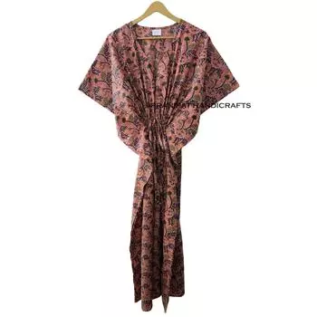 Индийский цветочный принт, персиковый хлопок, цыганское макси-пляжное платье, женское платье-кафтан CKFTN-SCRN-FULL-BUYIT-168