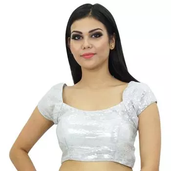Индийский дизайнер Готовая сшитая праздничная одежда Блузка с пайетками Укороченный топ X-Small серебряный