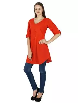 Индийский Этнический Хлопок Курти Топ Болливуд Женщины Твердые Курта Туника Повседневная 10 оранжевый