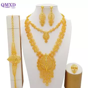 Индийский комплект ювелирных изделий золотого цвета в Дубае для женщин, свадебное длинное ожерелье, комплект, нигерийское колье, ожерелье, браслет, серьги, кольца, наборы