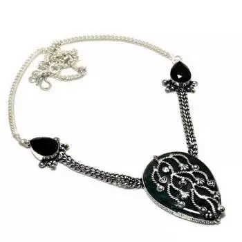 Индийский моховой агат, черная шпинель, драгоценный камень 925, посеребренное колье, 18 дюймов 18 зелёный