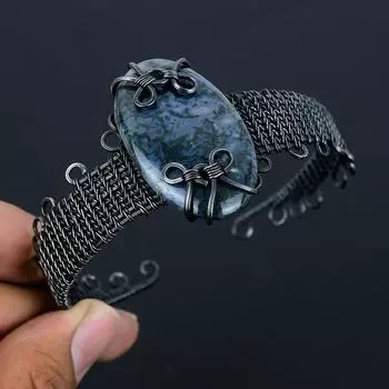 Индийский моховой агат Драгоценный камень Чистая медная проволока Обернутая вручную манжета/браслет Ювелирные изделия Adjustable синий