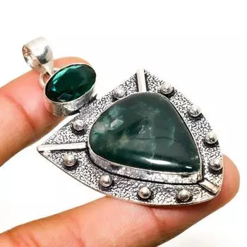 Индийский моховой агат, драгоценный камень диопсид 925, посеребренный кулон 2,46 дюйма 2.46 зелёный
