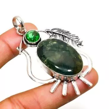 Индийский моховой агат, драгоценный камень диопсид 925, посеребренный кулон 2,46 дюйма 2.46 зелёный
