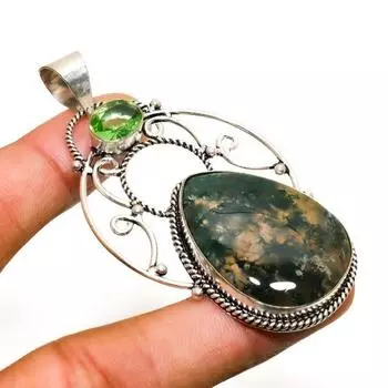 Индийский моховой агат, драгоценный камень перидот 925 пробы, посеребренный ювелирный кулон 2,65 дюйма 2.65 зелёный