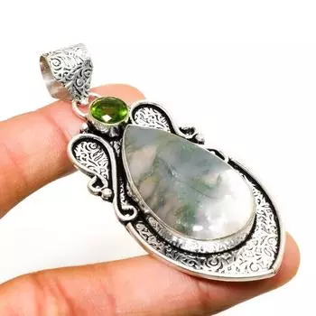 Индийский моховой агат, драгоценный камень перидот 925 пробы, посеребренный ювелирный кулон 2,84 дюйма 2.84 зелёный