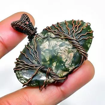 Индийский моховой агат драгоценный камень ручная работа медная проволочная подвеска 1.58 1.58 зелёный