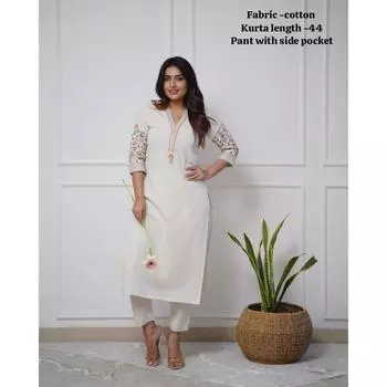 Индийский пакистанский комплект курта брюки шнур женский Болливуд топ туника хлопковая курти БЕЛЫЙ-1001 L-40