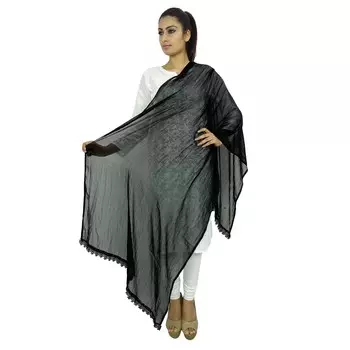 Индийский шарф Dupatta с запахом из шифона, длинный палантин, чунни, шарф с кисточками One size чёрный