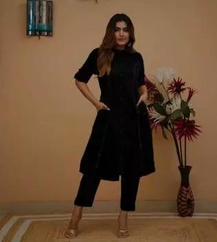Индийский женский дизайнерский хлопковый комплект из брюк-курты с завязками, Болливудский топ, туника, платье-курти M чёрный