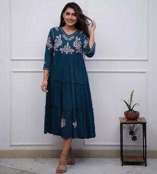 Индийско-пакистанский дизайнерский миди-платье Курти Болливудская вечерняя одежда Топ-туника Курта-платье M синий