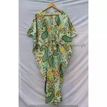 Индийское белое длинное платье-кафтан с принтом пейсли, кафтан макси, женское ночное платье CKFTN-SCRN-FULL-BUYIT-004