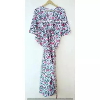 Индийское белое длинное платье с цветочным принтом из хлопка в стиле хиппи макси женское ночное платье-кафтан CKFTN-SCRN-FULL-BUYIT-071