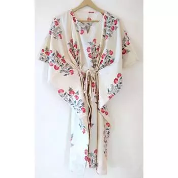 Индийское бежевое длинное хлопковое платье с цветочным принтом больших размеров, макси-женское платье-кафтан CKFTN-SCRN-FULL-BUYIT-048