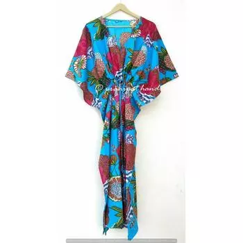 Индийское бирюзовое длинное хлопковое платье макси в стиле бохо с фруктовым принтом, женское ночное платье-кафтан CKFTN-SCRN-FULL-BUYIT-026