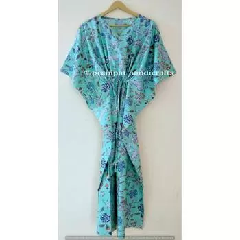 Индийское бирюзовое длинное хлопковое платье с цветочным принтом плюс макси женское платье-кафтан CKFTN-SCRN-FULL-BUYIT-055