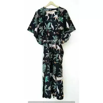 Индийское черное длинное хлопковое платье макси с животным принтом в стиле хиппи, женское ночное платье-кафтан CKFTN-SCRN-FULL-BUYIT-030