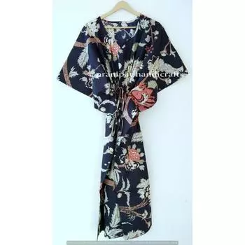 Индийское черное длинное хлопковое платье с цветочным принтом больших размеров, макси-женское платье-кафтан CKFTN-SCRN-FULL-BUYIT-049