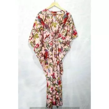 Индийское детское розовое длинное хлопковое платье с принтом птицы в стиле хиппи макси женское ночное платье-кафтан CKFTN-SCRN-FULL-BUYIT-032