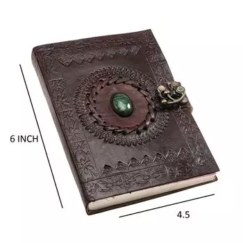 Индийское искусство кожи, винтажный охотничий бумажный блокнот ручной работы, дневник, зеленый камень с металлическим замком 6 x 4 in коричневый