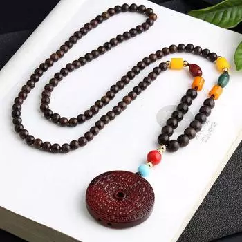 Индийское колье из лобулярного красного сандала в ретро этническом стиле, безопасная застежка, независимо от бренда, литературная мужская и женская длинная цепочка-свитер с подвеской