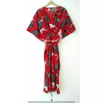 Индийское красное длинное платье с животным принтом из хлопка в стиле хиппи макси женское ночное платье-кафтан CKFTN-SCRN-FULL-BUYIT-031