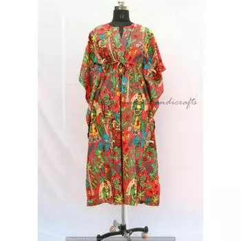 Индийское красное хлопковое платье с принтом Фриды Кало в стиле хиппи, женское ночное платье-кафтан CKFTN-SCRN-FULL-BUYIT-018