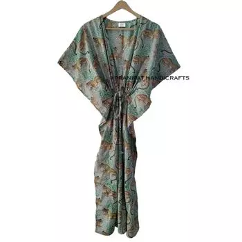 Индийское мятно-зеленое платье-кафтан Bagheera с тигровым принтом, хлопковое макси-женское ночное платье CKFTN-SCRN-FULL-BUYIT-013