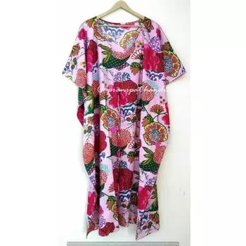 Индийское розовое длинное хлопковое платье-кафтан с принтом фруктов в стиле хиппи, женская ночная рубашка-кафтан CKFTN-SCRN-FULL-BUYIT-027