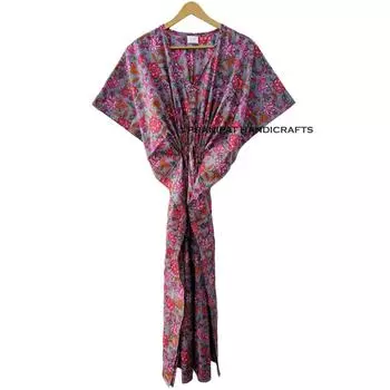 Индийское серое длинное платье-кафтан из хлопка с цветочным принтом в стиле хиппи, женское ночное платье CKFTN-SCRN-FULL-BUYIT-044