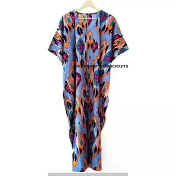 Индийское серое длинное платье-кафтан с принтом икат, хлопковое хиппи-макси, женское ночное платье CKFTN-SCRN-FULL-BUYIT-076