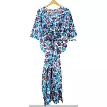 Индийское синее длинное платье-кафтан из хлопка с цветочным принтом в стиле хиппи, женское ночное платье CKFTN-SCRN-FULL-BUYIT-073