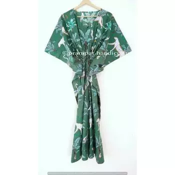 Индийское зеленое длинное хлопковое платье с животным принтом больших размеров, женское платье-кафтан размера макси CKFTN-SCRN-FULL-BUYIT-046