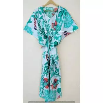 Индийское зеленое длинное хлопковое платье с принтом совы больших размеров, макси-женское платье-кафтан CKFTN-SCRN-FULL-BUYIT-058