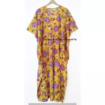 Индийское желтое длинное платье с цветочным принтом из хлопка в стиле хиппи макси женское ночное платье-кафтан CKFTN-SCRN-FULL-BUYIT-078