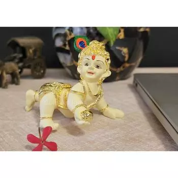 Индия Ладду Гопал Позолоченная Молочно-Белая Идол | Бал Гопал | Маленький Кришна | Махан Чор | Синтетическая смола (3х4)