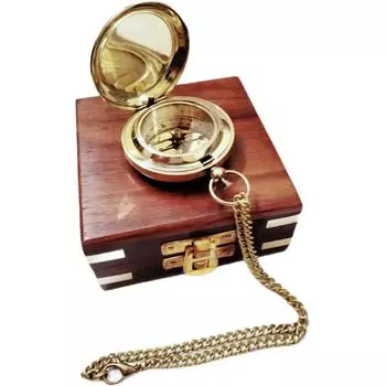 Индия Латунный Компас с Кнопкой и Цепочкой в Деревянной Коробке Коллекционный Подарочный Компас (Золото)