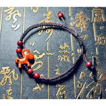 Индия Птерокарпус Сандалиновый Палисандр Лошадь Браслет Резьба по Массиву Дерева Зодиакальное Ожерелье Животное Год Красный Шнурок Мужской и Женский Парный Default Brown Bracelet