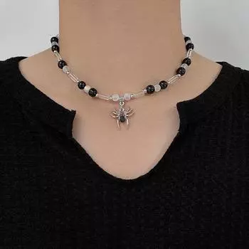 Индивидуальная цепочка на ключицу в стиле хип-хоп с черными бусинами для мужчин и женщин, подвеска-паук с темными бриллиантами, аксессуары для ожерелья с круглыми бусинами для женщин